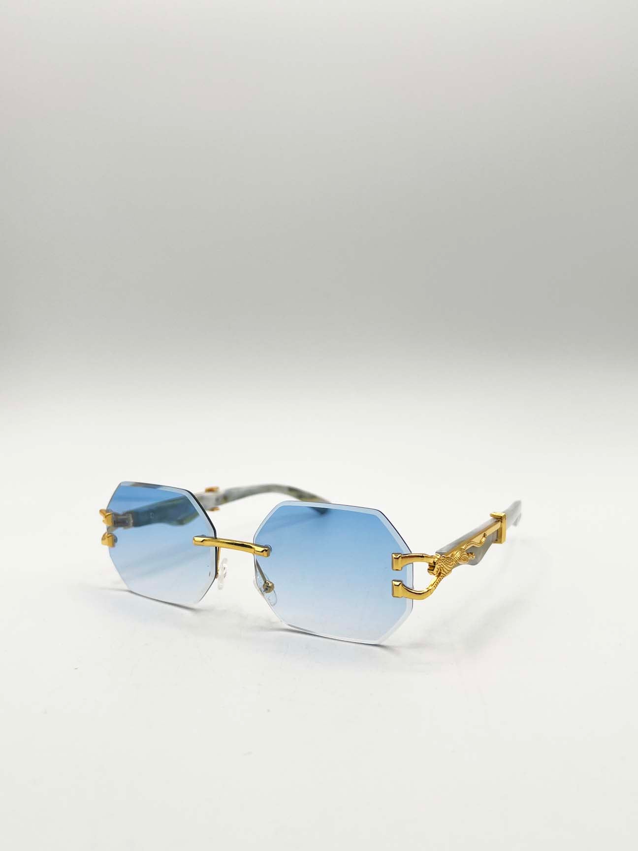 Rimless Oval Geometric Sunglasses in Gold Blue