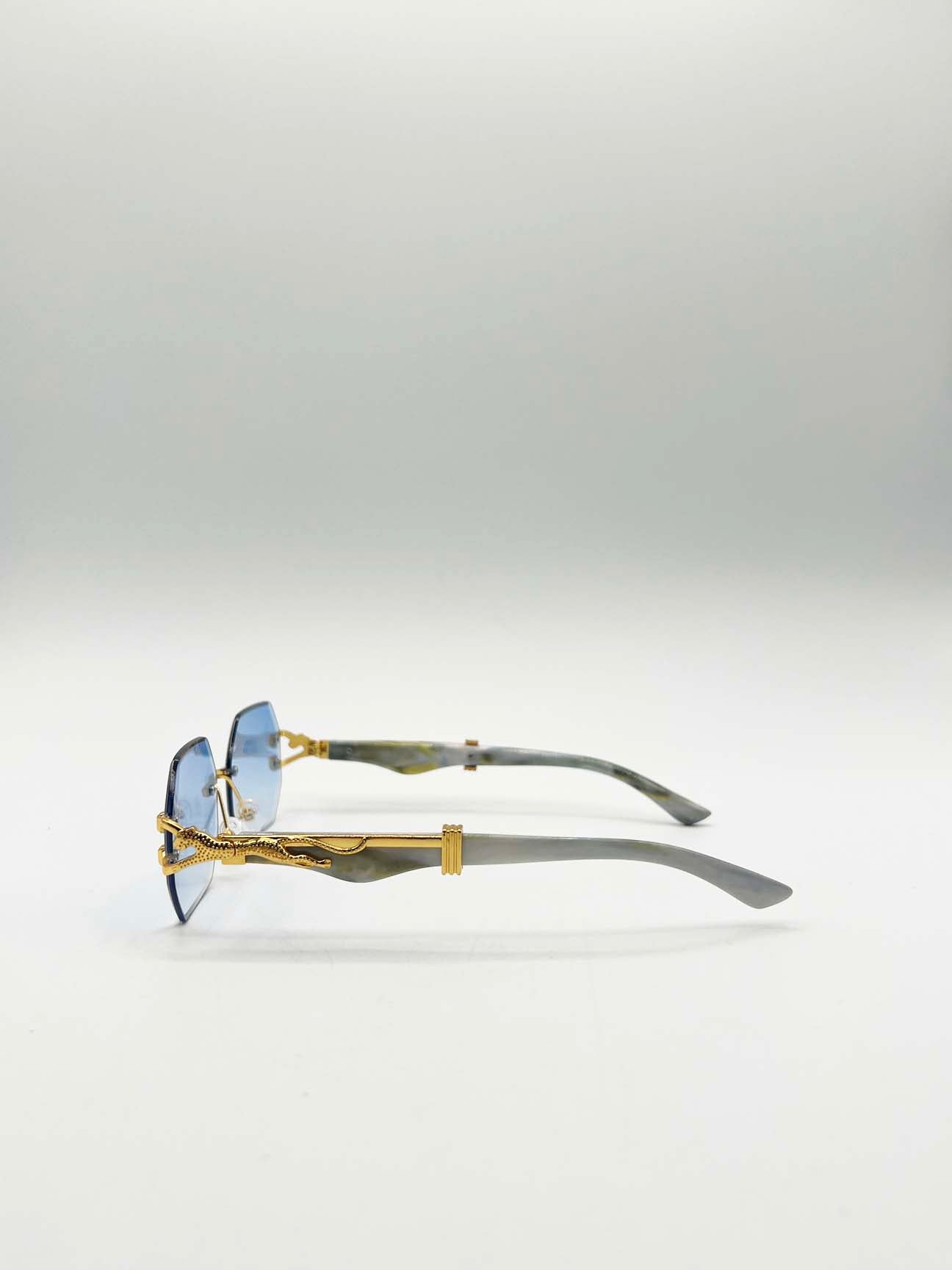 Rimless Oval Geometric Sunglasses in Gold Blue