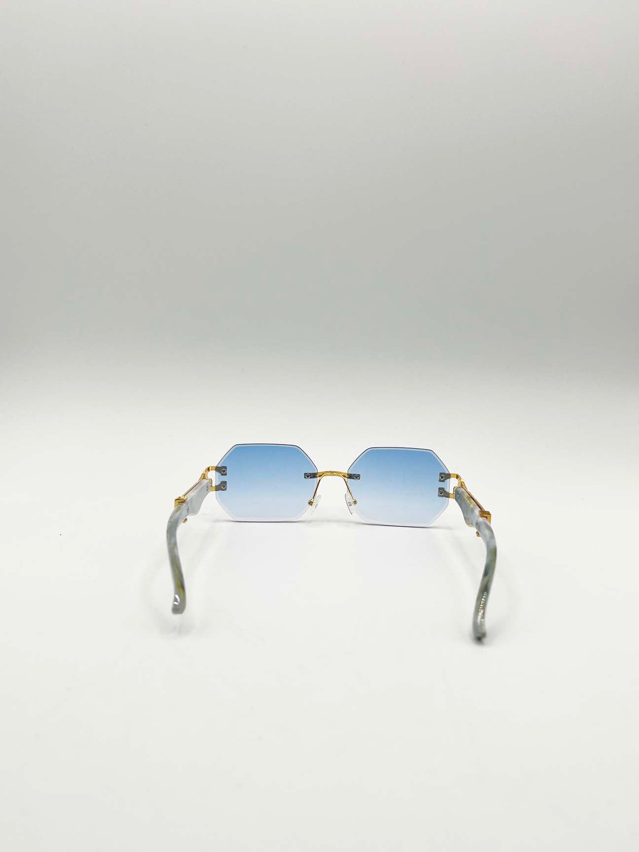 Rimless Oval Geometric Sunglasses in Gold Blue