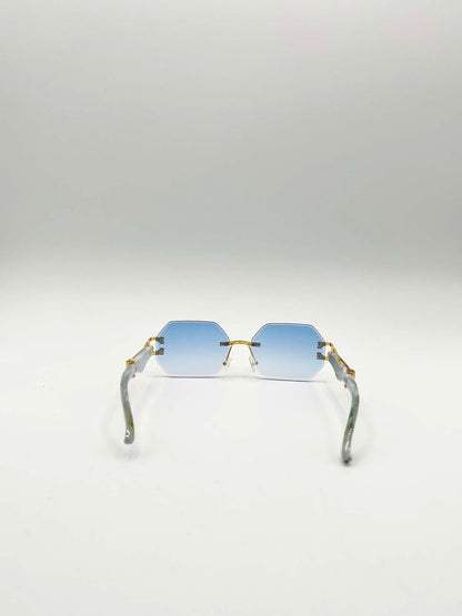 Rimless Oval Geometric Sunglasses in Gold Blue