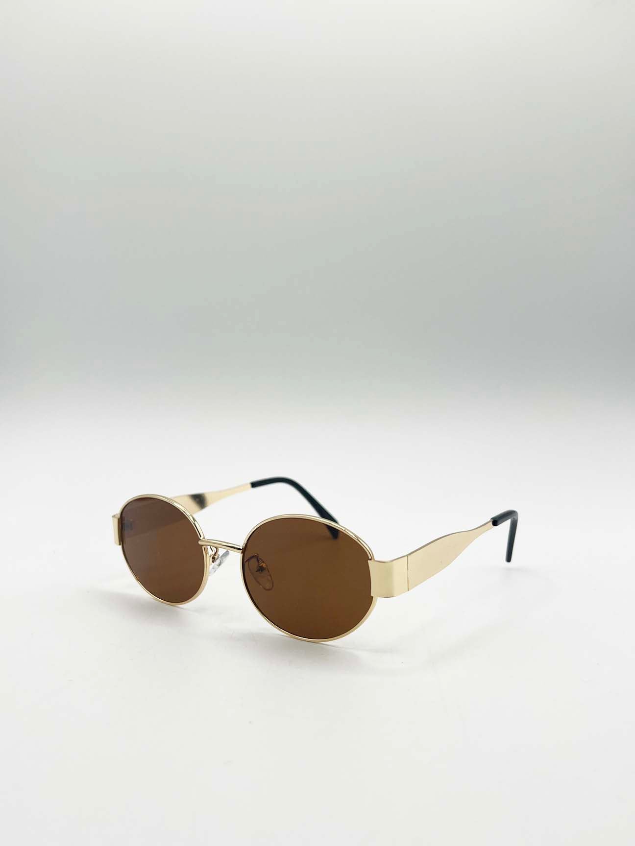 Rounded Oval Metal Frame Sunglasses in Gold Brown