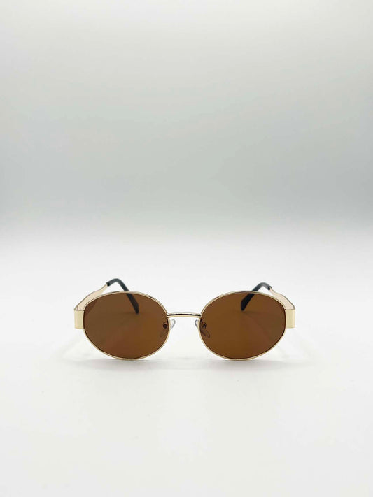 Rounded Oval Metal Frame Sunglasses in Gold Brown