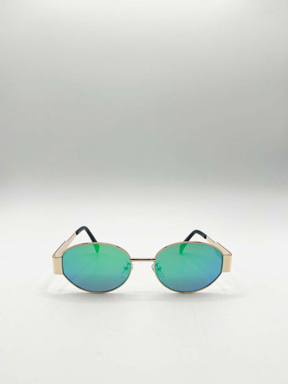 Rounded Oval Metal Frame Sunglasses in Gold Green