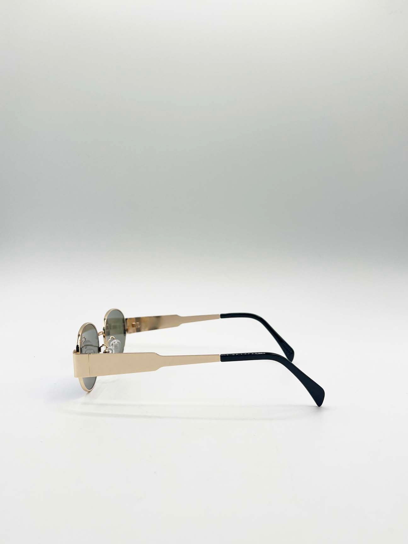 Rounded Oval Metal Frame Sunglasses in Gold Green