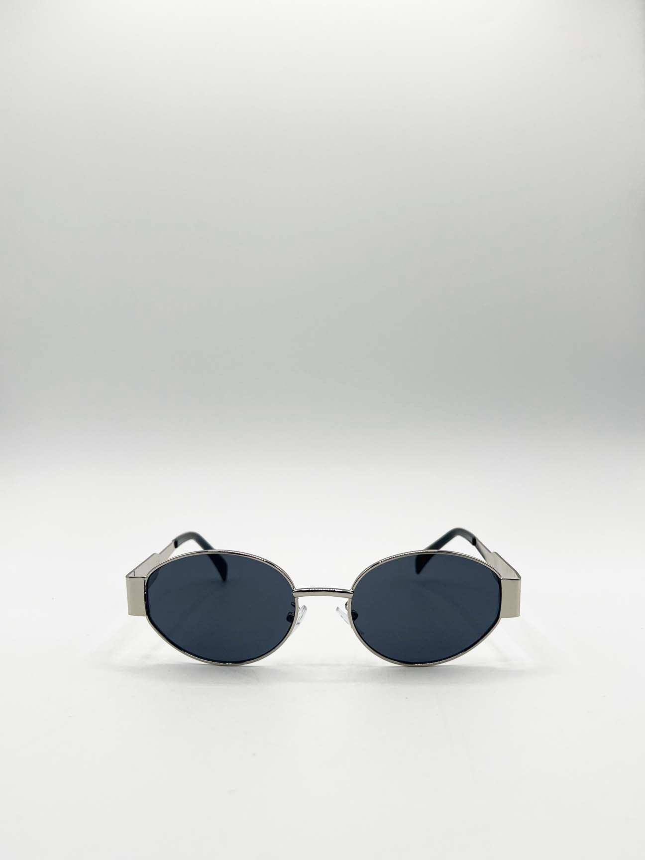 Rounded Oval Metal Frame Sunglasses in Silver Grey