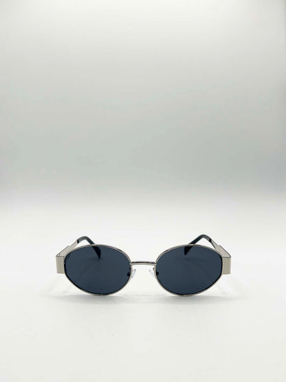 Rounded Oval Metal Frame Sunglasses in Silver Grey