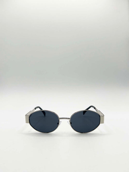 Rounded Oval Metal Frame Sunglasses in Silver Grey