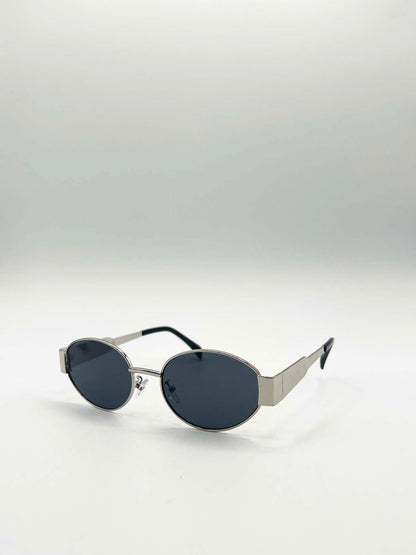 Rounded Oval Metal Frame Sunglasses in Silver Grey