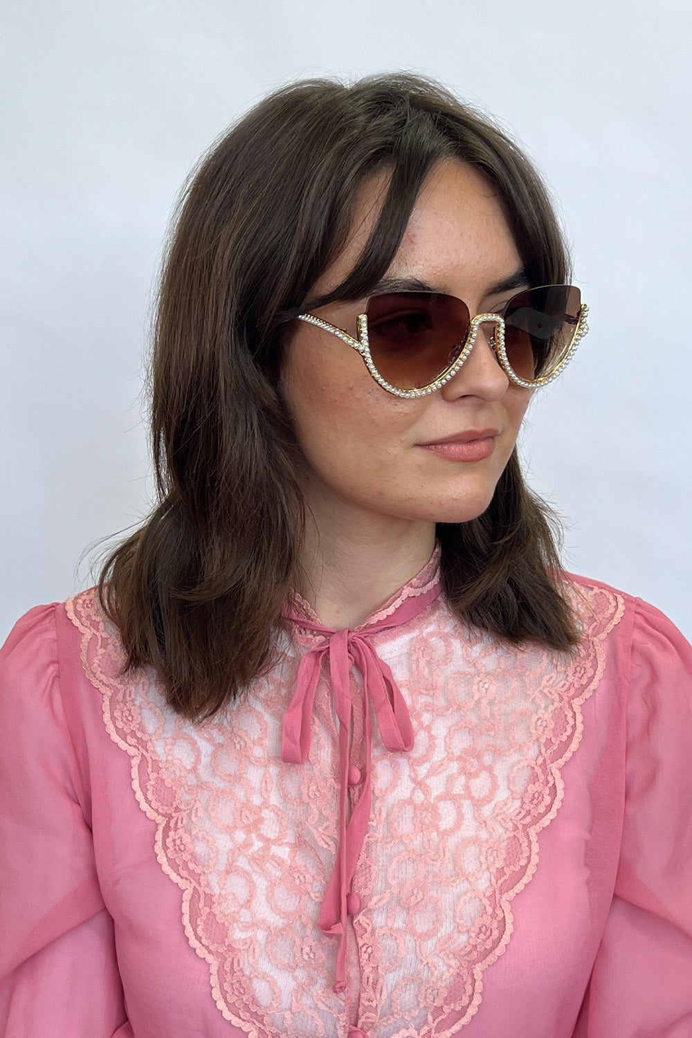 Upper Rimless Pearl Sunglasses in Gold Brown