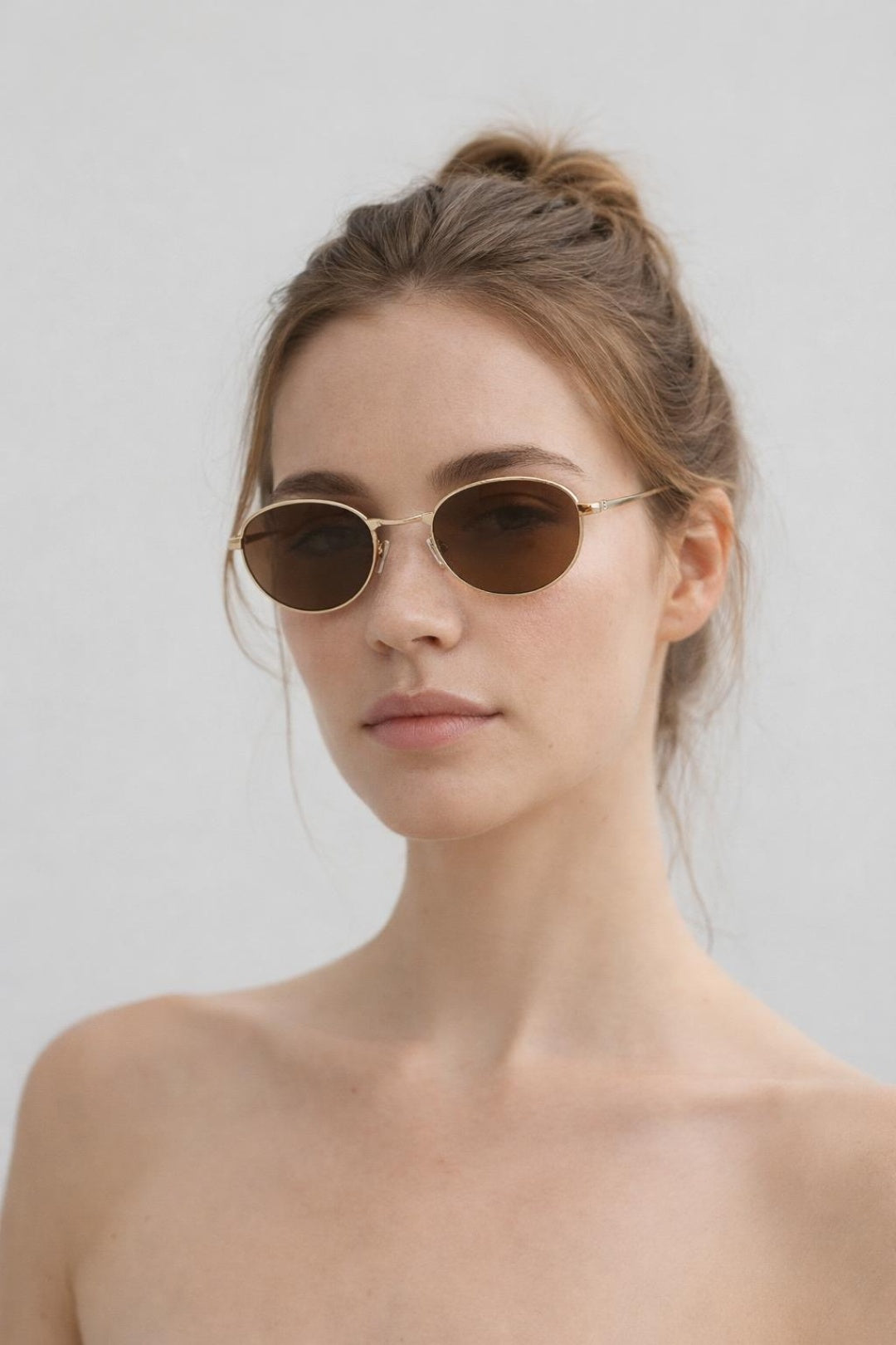 Metal Oval Cat Eye Sunglasses In Brown