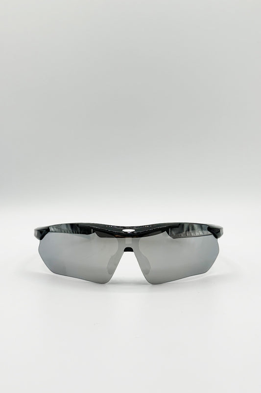 Outdoor Sports Racer Sunglasses in Black Silver Mirror