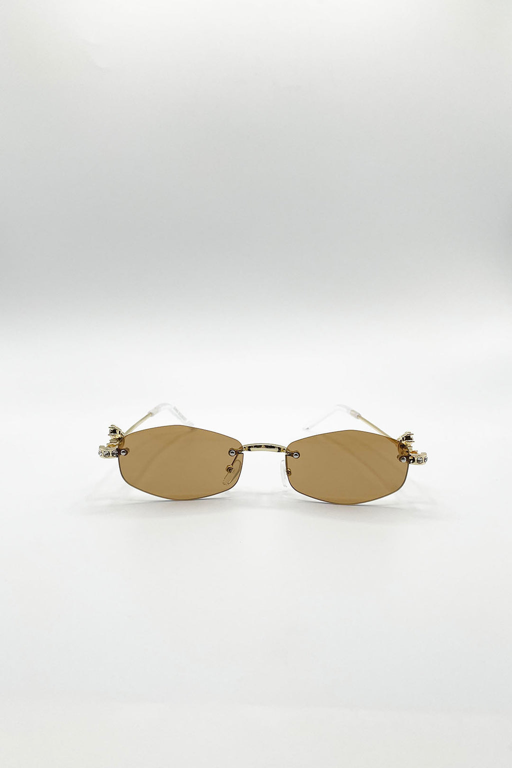 Rimless Oval Diamante Sunglasses In Brown