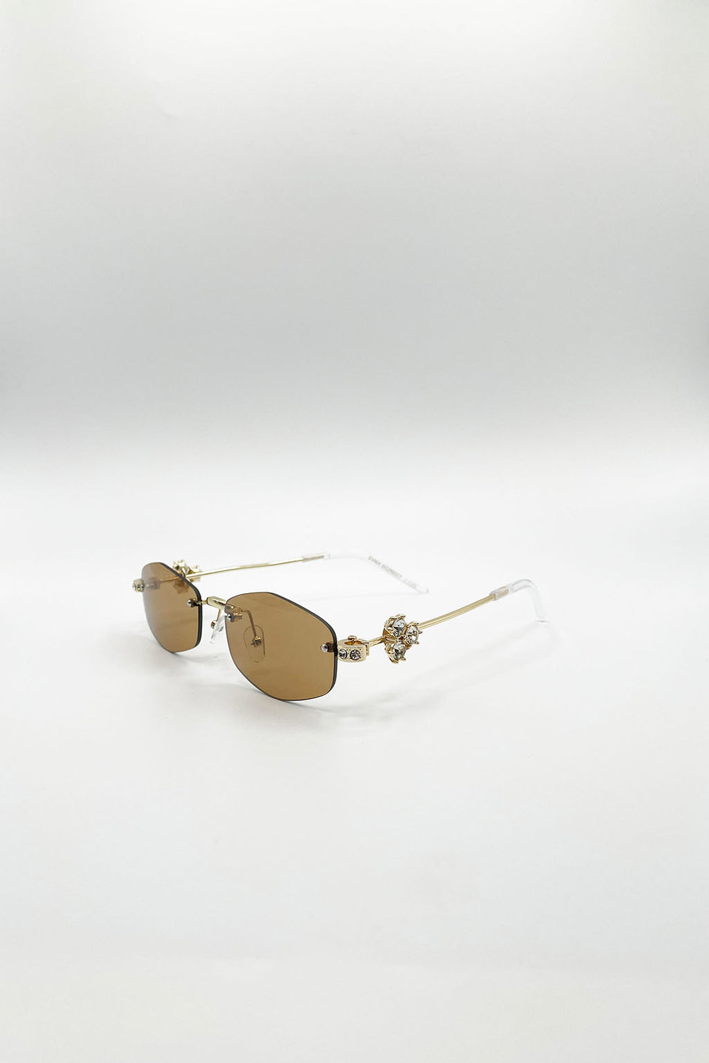 Rimless Oval Diamante Sunglasses In Brown