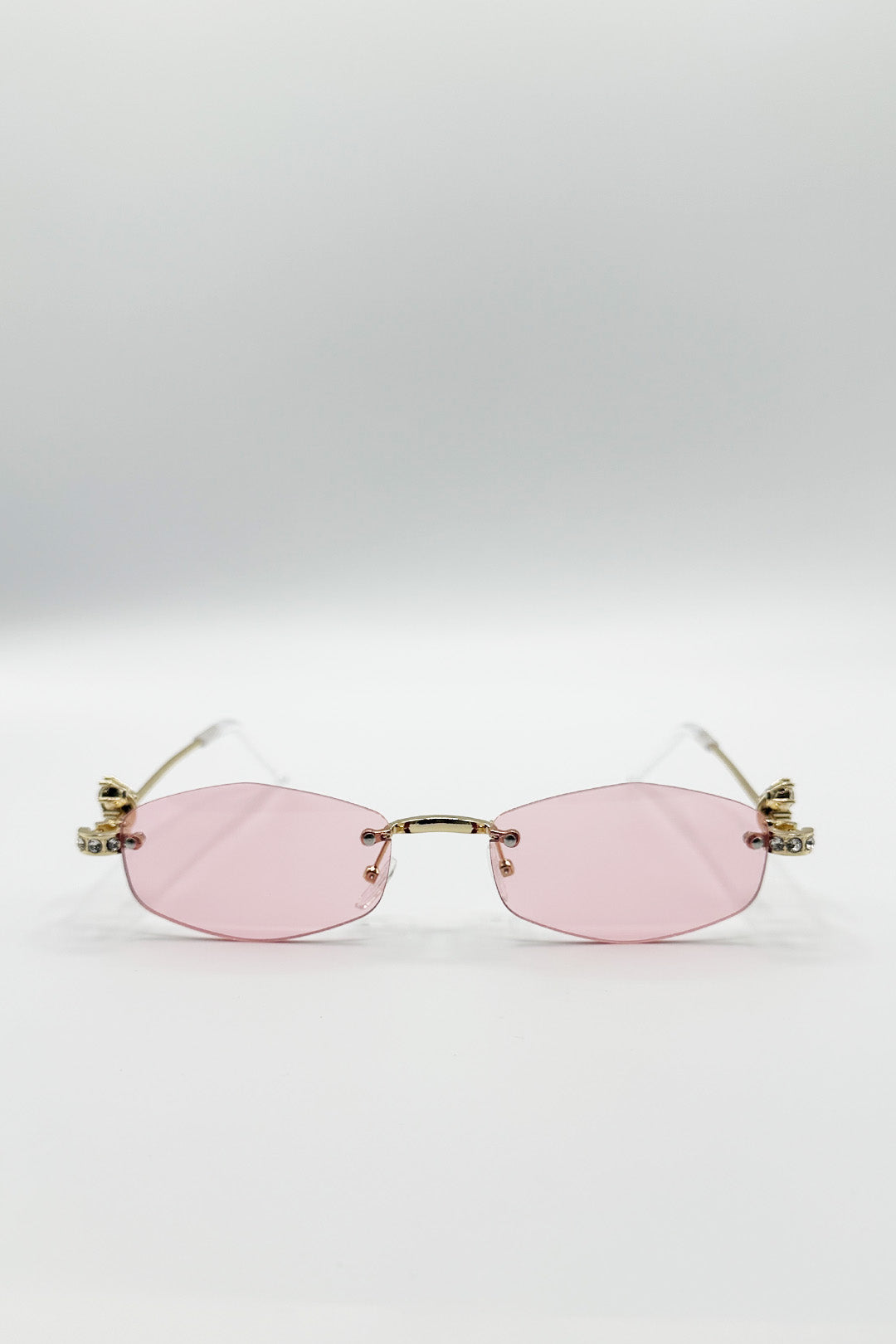 Rimless Oval Diamante Sunglasses In Pink
