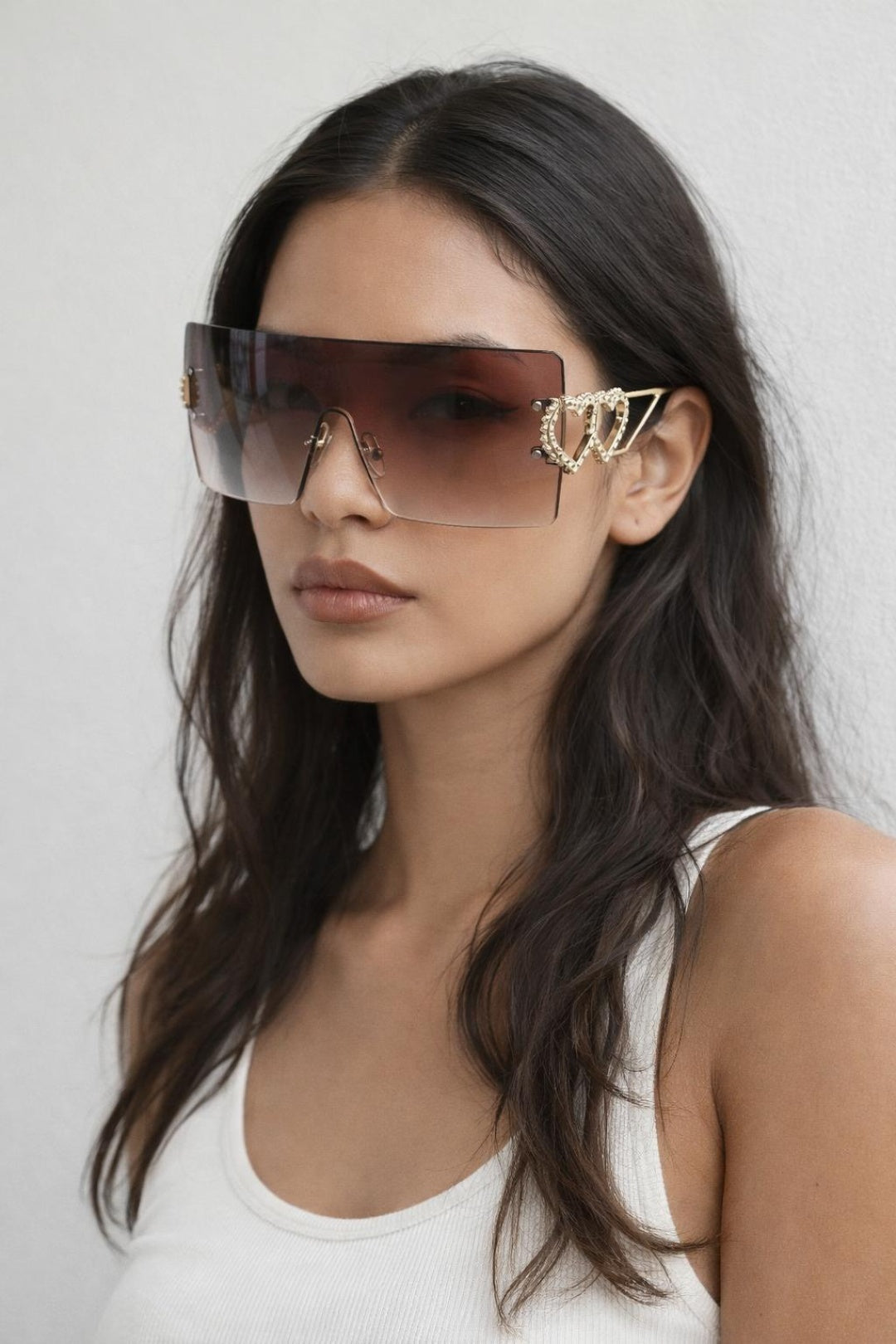 Flatop Rimless Heart Detail Sunglasses In Brown