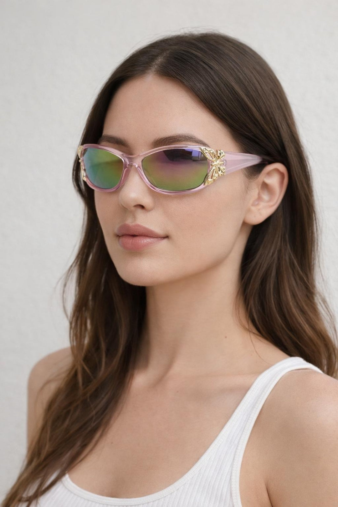 Vintage Wrap Around With Butterfly Detail Sunglasses in Pink Multi