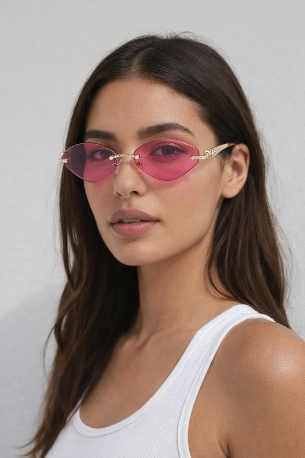 Rimless Oval Geo Metal Sunglasses in Pink