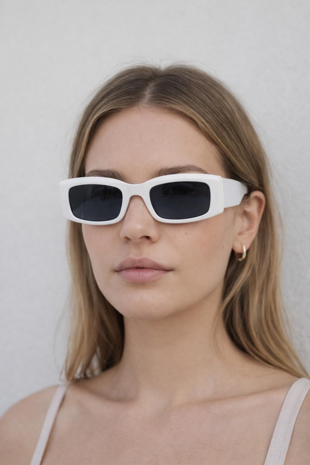 Chunky Rectangle Sunglasses with Wide Arms in White