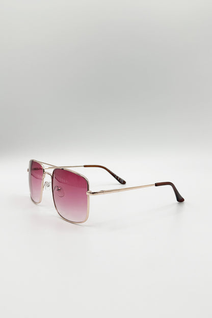 Metal Frame Square Aviator Sunglasses In Gold Pink