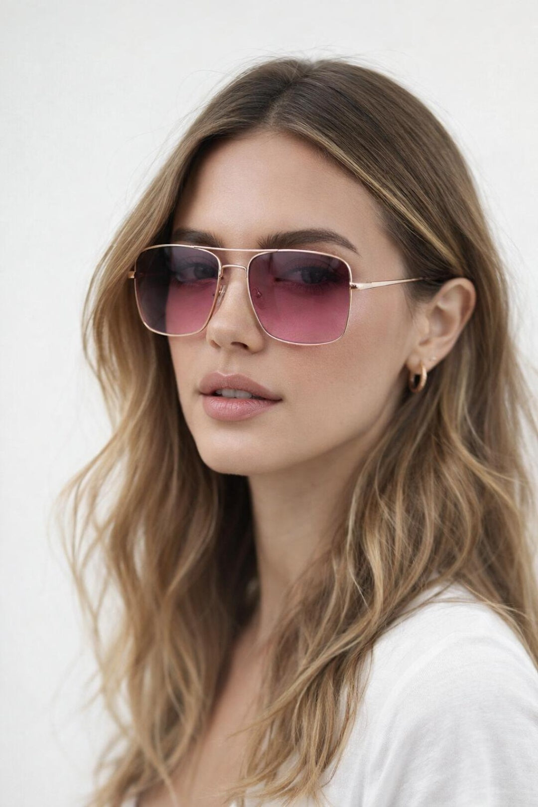 Metal Frame Square Aviator Sunglasses In Gold Pink