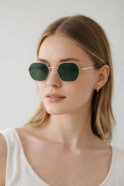 Metal Frame Hexagon Sunglasses In Gold Khaki