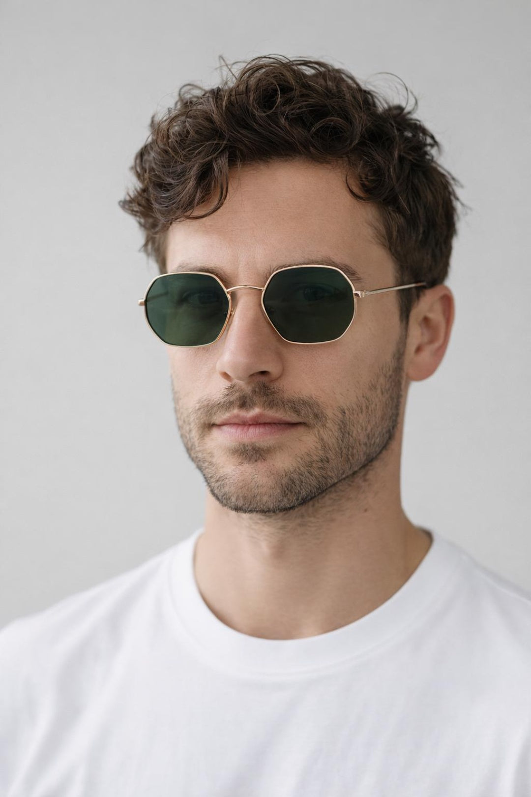 Metal Frame Hexagon Sunglasses In Gold Khaki