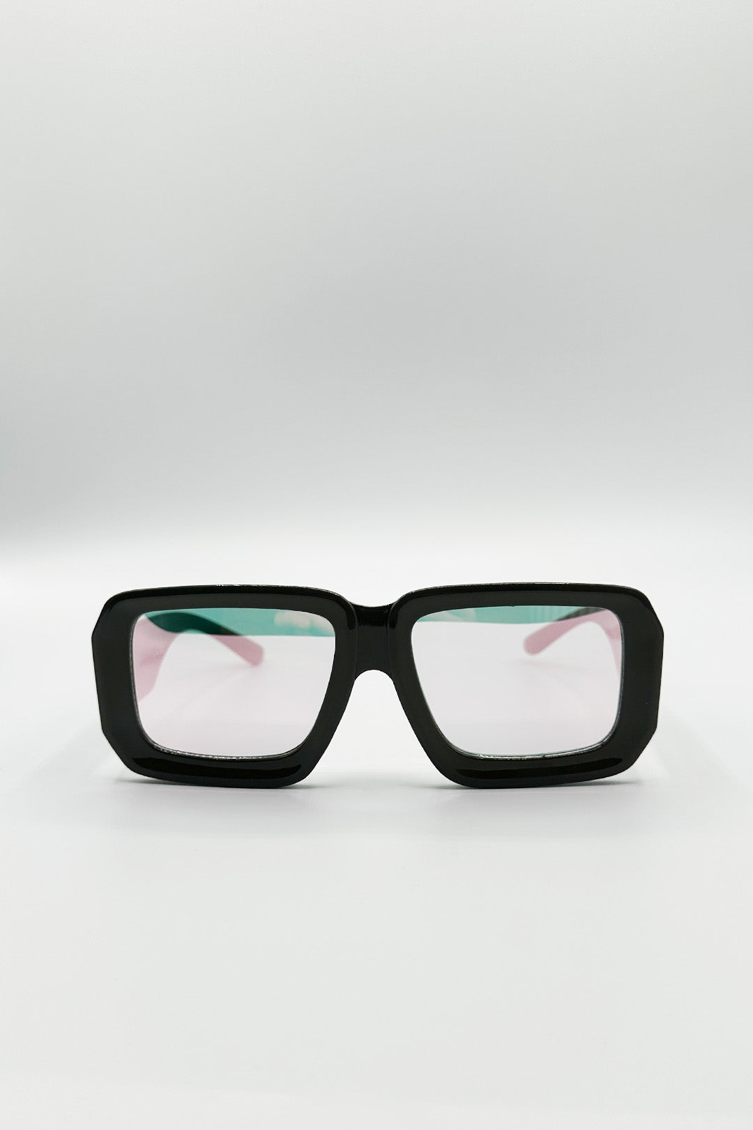 Oversized Square Frame Sunglasses In Grey with Pink Mirror Lenses