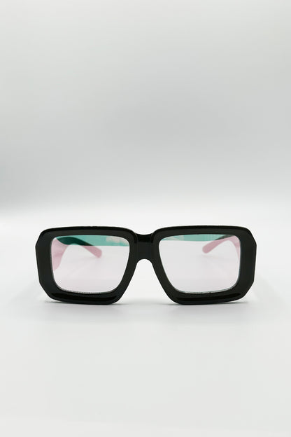 Oversized Square Frame Sunglasses In Grey with Pink Mirror Lenses
