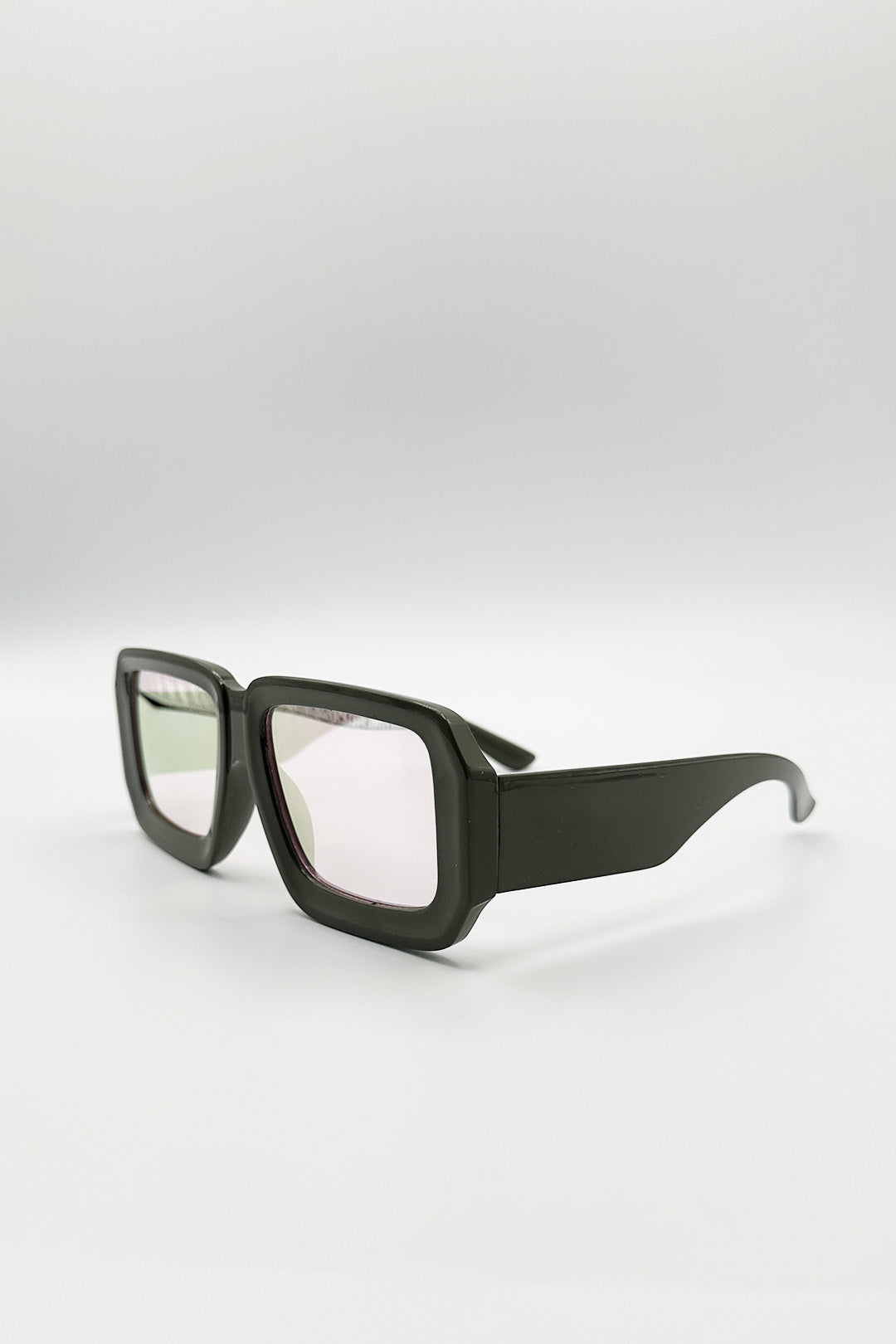 Oversized Square Frame Sunglasses In Mud Grey with Pink Mirror Lenses