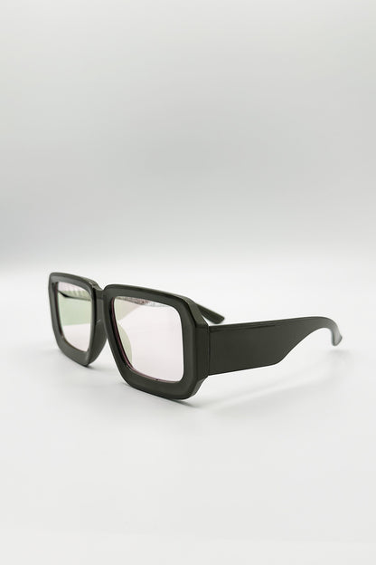 Oversized Square Frame Sunglasses In Grey with Pink Mirror Lenses