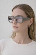 Oversize Square Frame Sunglasses In Mud Grey with Pink Mirror Lenses