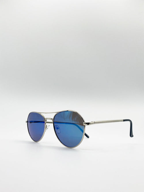 Aviator Sunglasses In Silver Blue Mirror