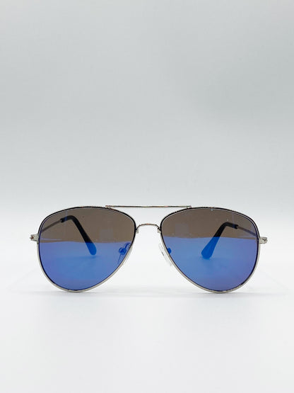 Kids Silver Frame Aviator Sunglasses With Blue Mirrored Lenses