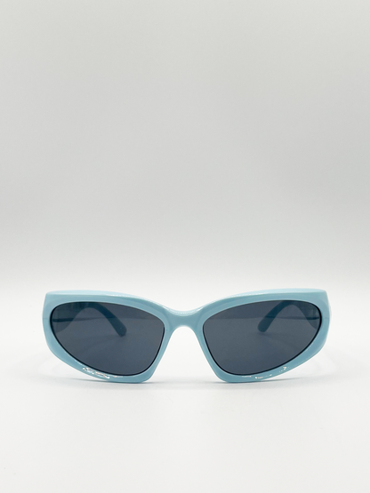 Baby Blue Racer Style Sunglasses with Black Lenses