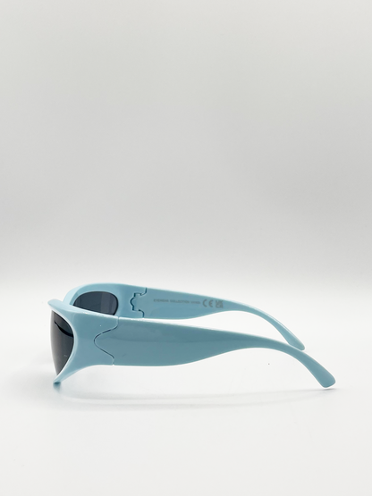 Baby Blue Racer Style Sunglasses with Black Lenses