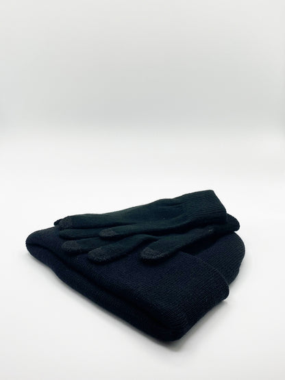 Black Knitted Beanie And Touchscreen Gloves Set
