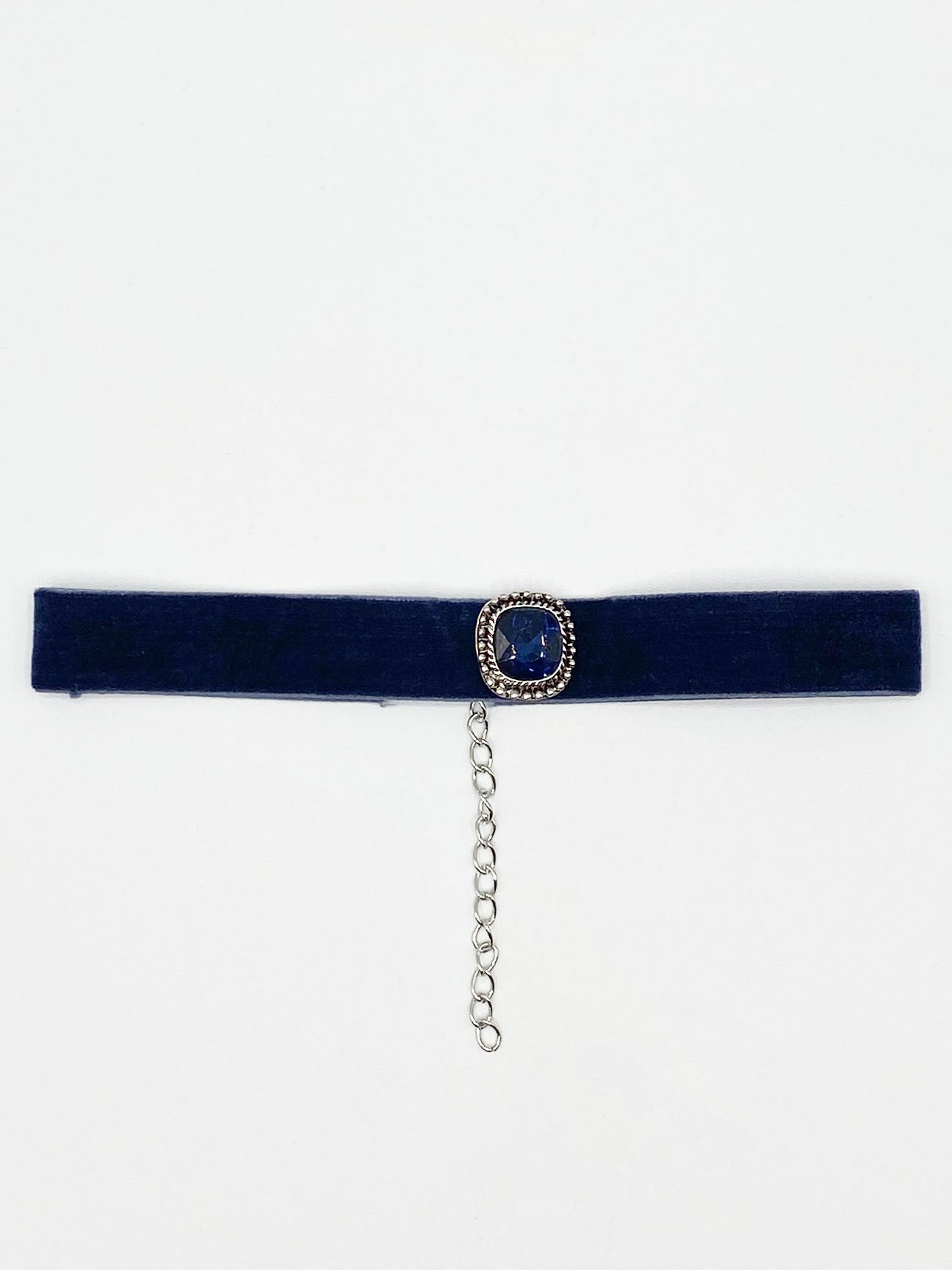 Navy Faux Velvet Choker Necklace with Blue Jewel
