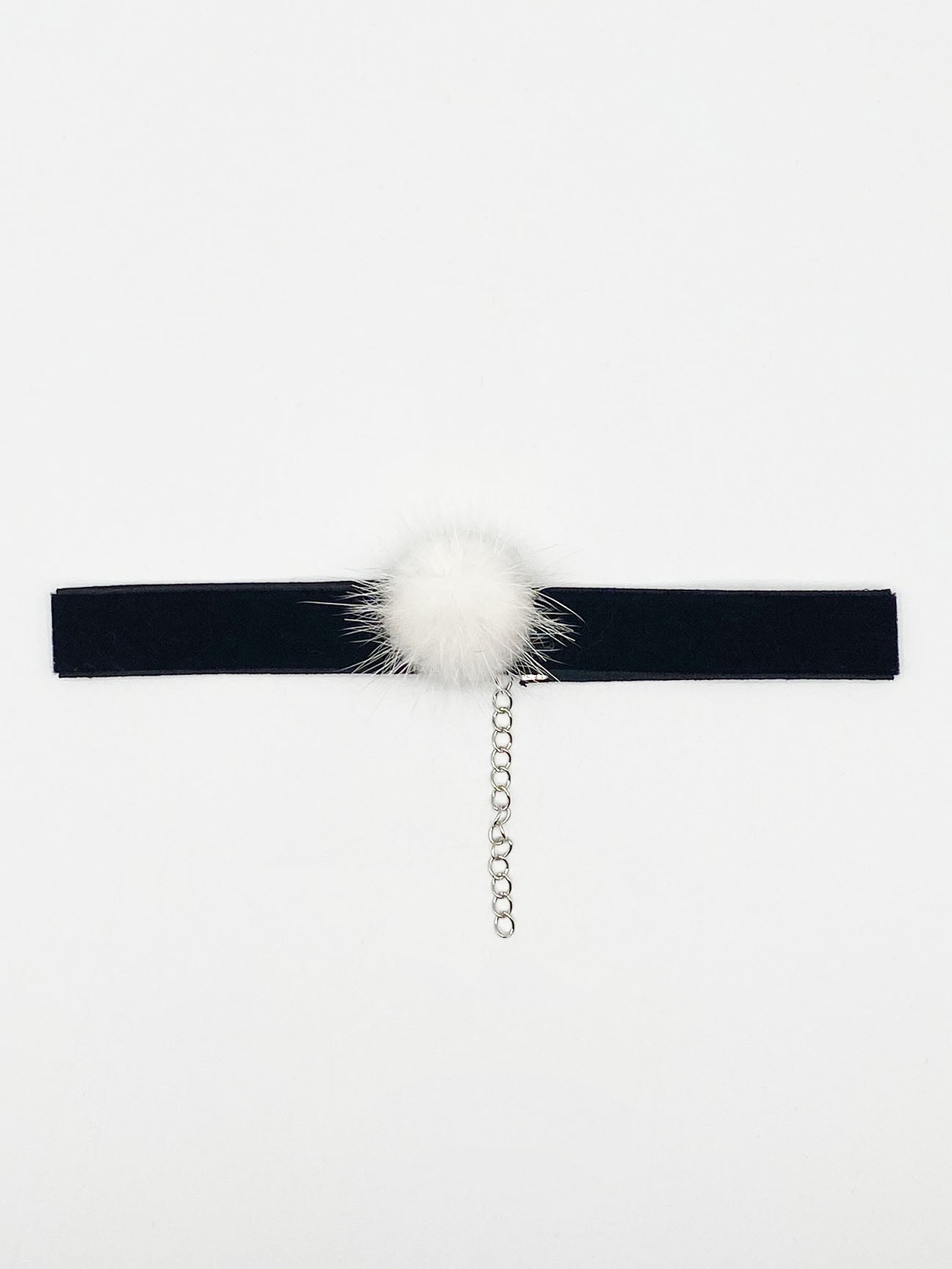 Black Faux Velvet Band Choker Necklace With White Pom Pom