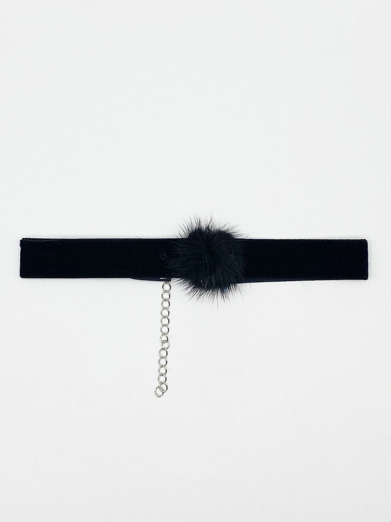 Black Faux Velvet Band Choker Necklace With Black Pom Pom