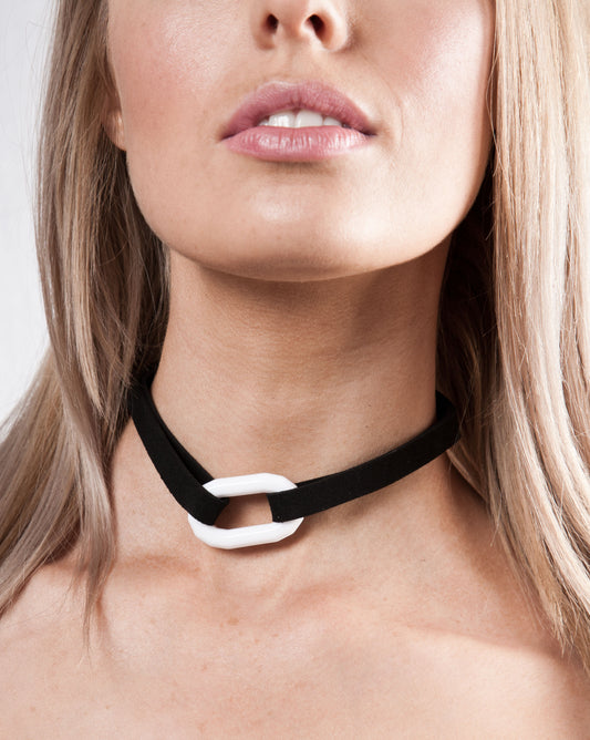 Black Faux Suede Choker Necklace With White Plastic Charm