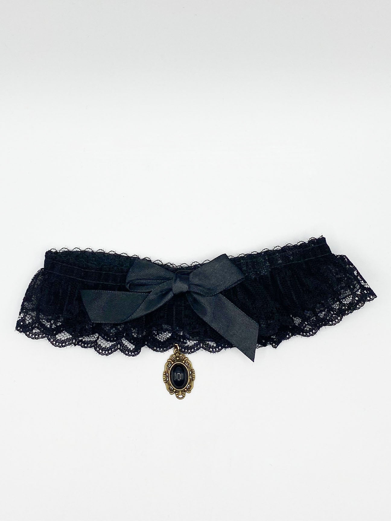Black Gathered Lace Choker With Satin Bow And Droplet Stone