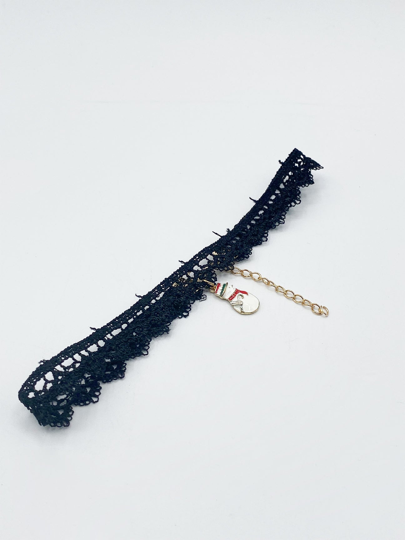 Black Corded Lace Scallop Effect Choker With Snowman Pendant