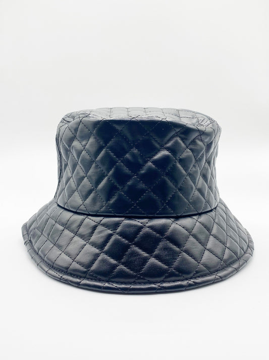 Quilted PU Leather Bucket Hat In Black