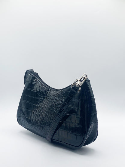 Moc Croc PU Shoulder Bag in Black