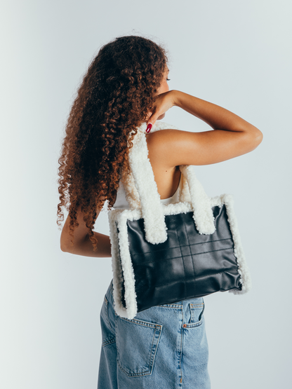 Black PU Bag With Faux Fur Trim