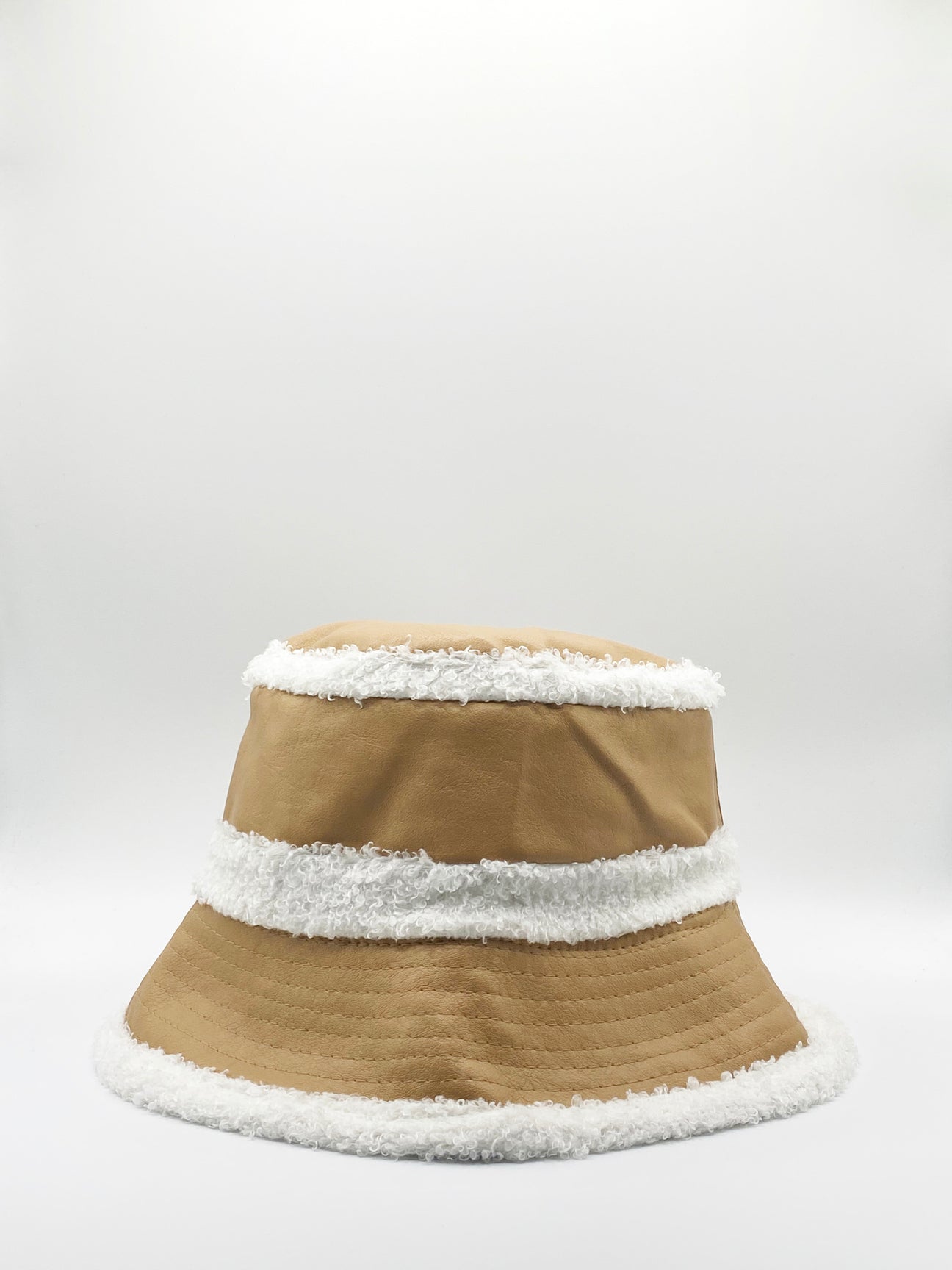 Tan/ Cream Reversible Bucket Hat In PU & Borg