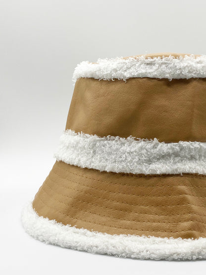 Tan/ Cream Reversible Bucket Hat In PU & Borg