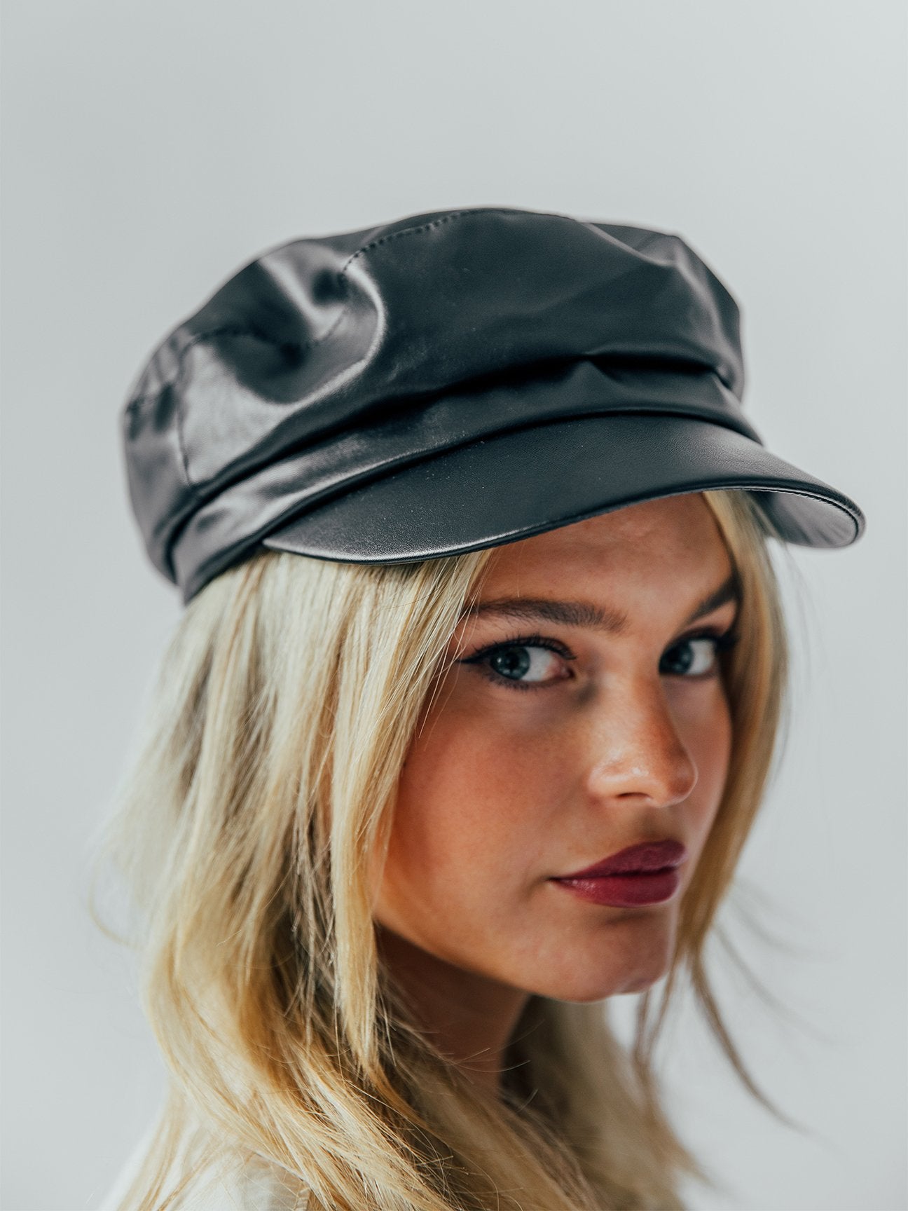 PU Leather Baker Boy In Black