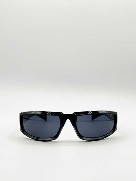 Shiny Black Racer Style Sunglasses with Black Lenses