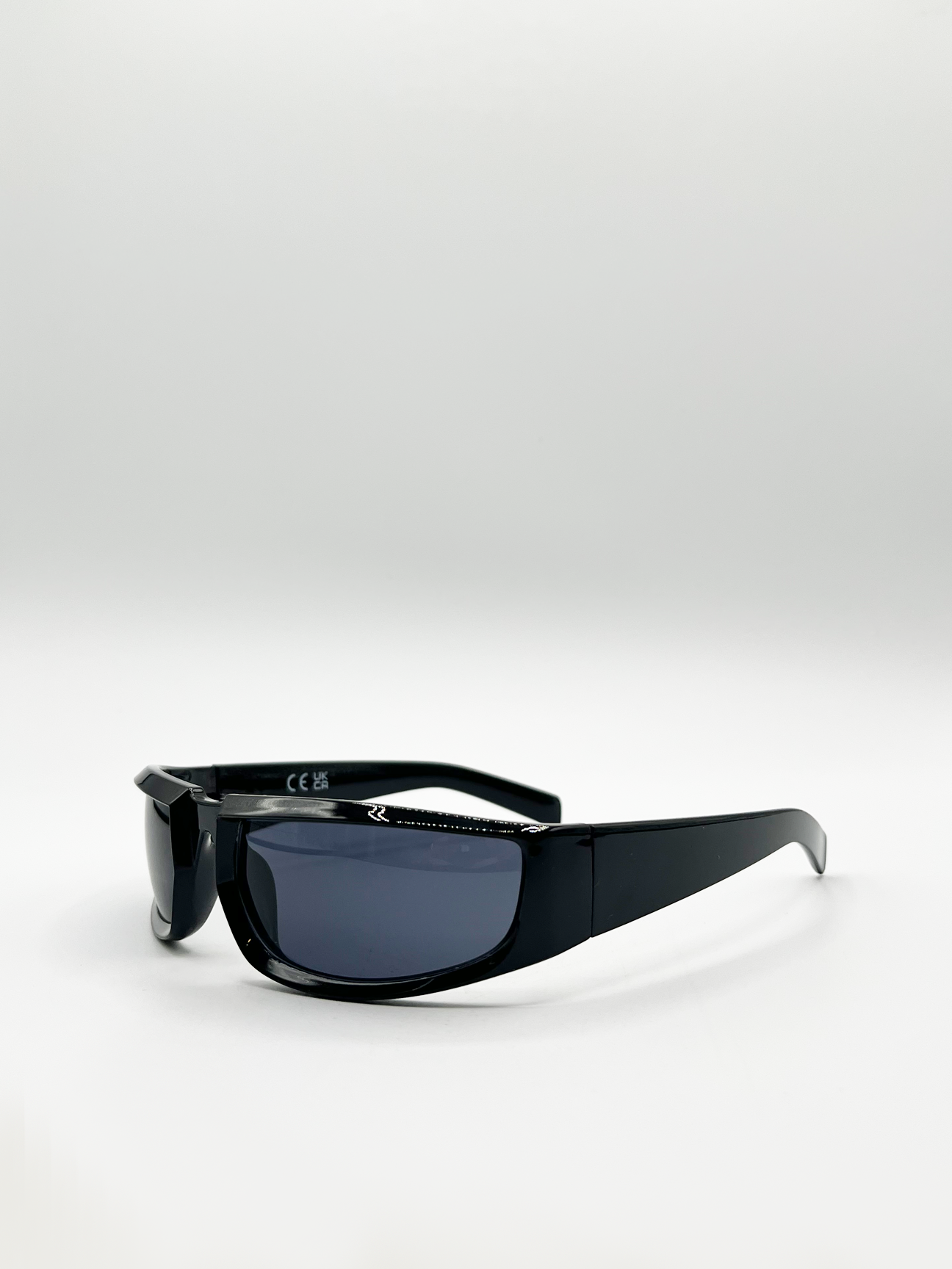 Shiny Black Racer Style Sunglasses with Black Lenses